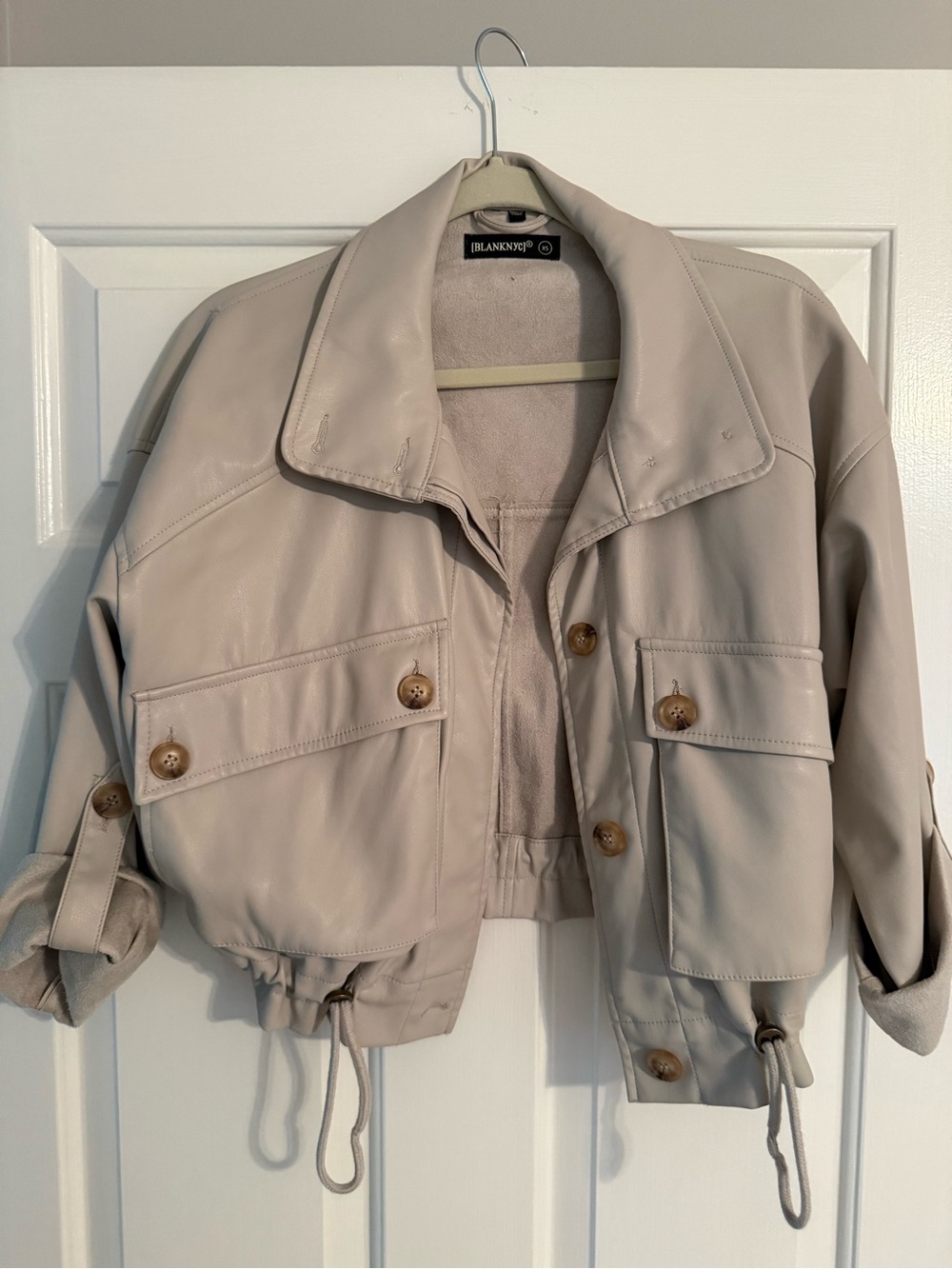 Blank NYC Beige faux leather Cropped Utility Jacket with Front Pockets